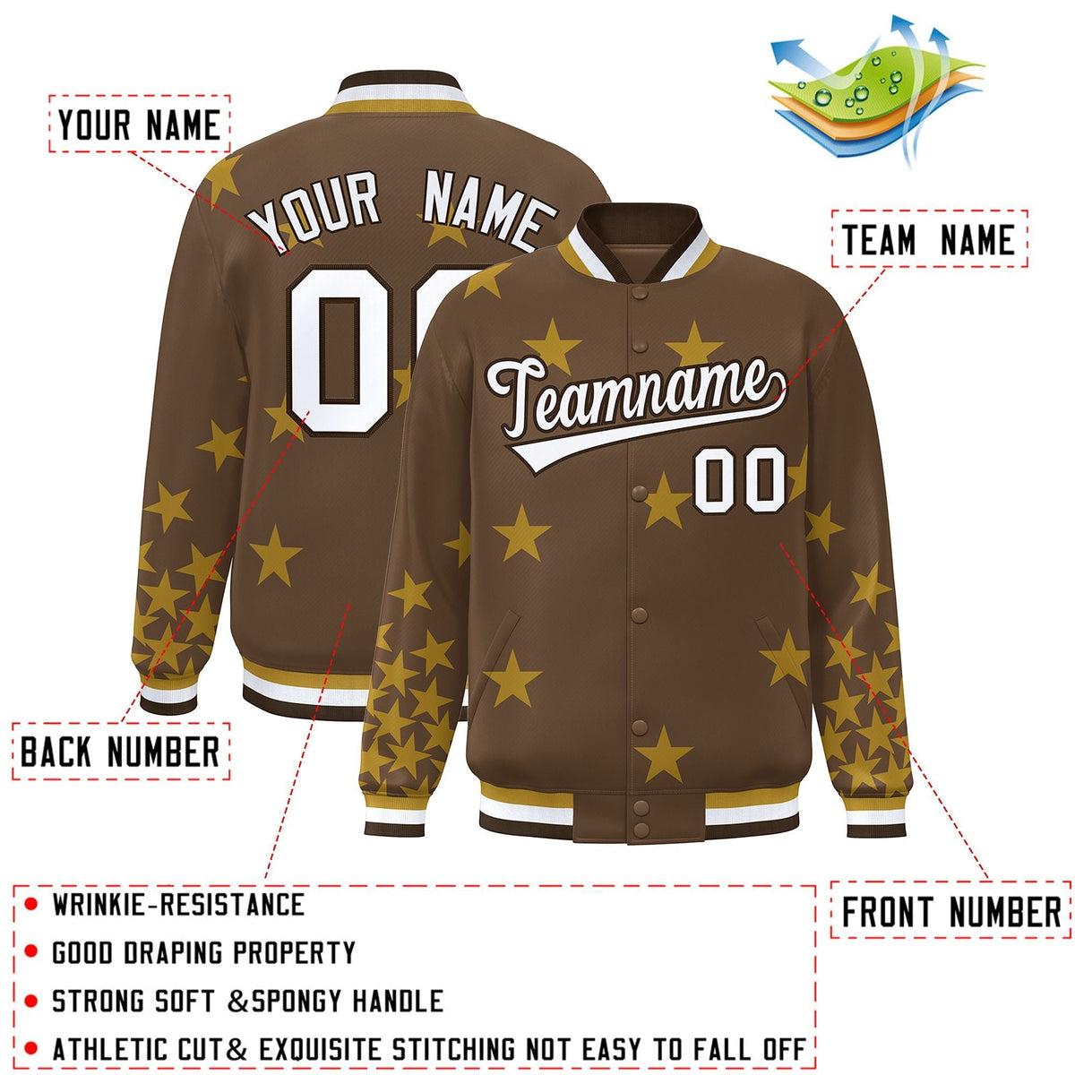 Custom Brown White Star Graffiti Pattern Varsity Full-Snap Bomber Jacket