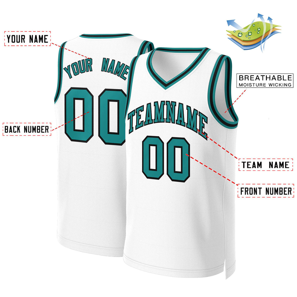 Custom White Teal-Black Classic Tops Basketball Jersey