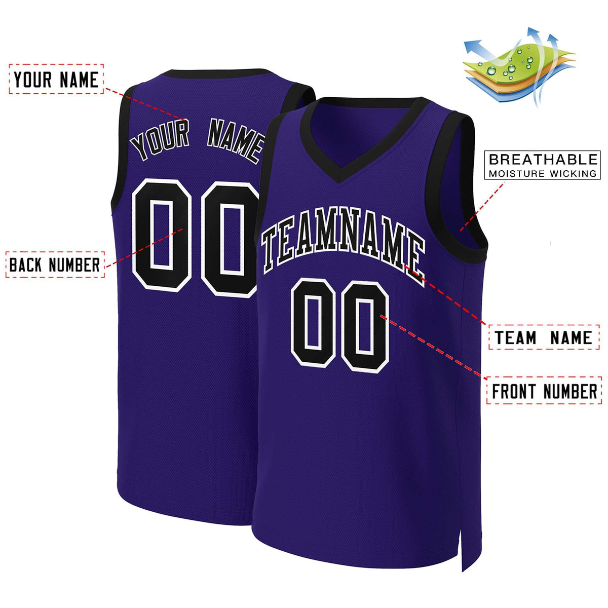 Custom Purple Black-White Classic Tops Basketball Jersey