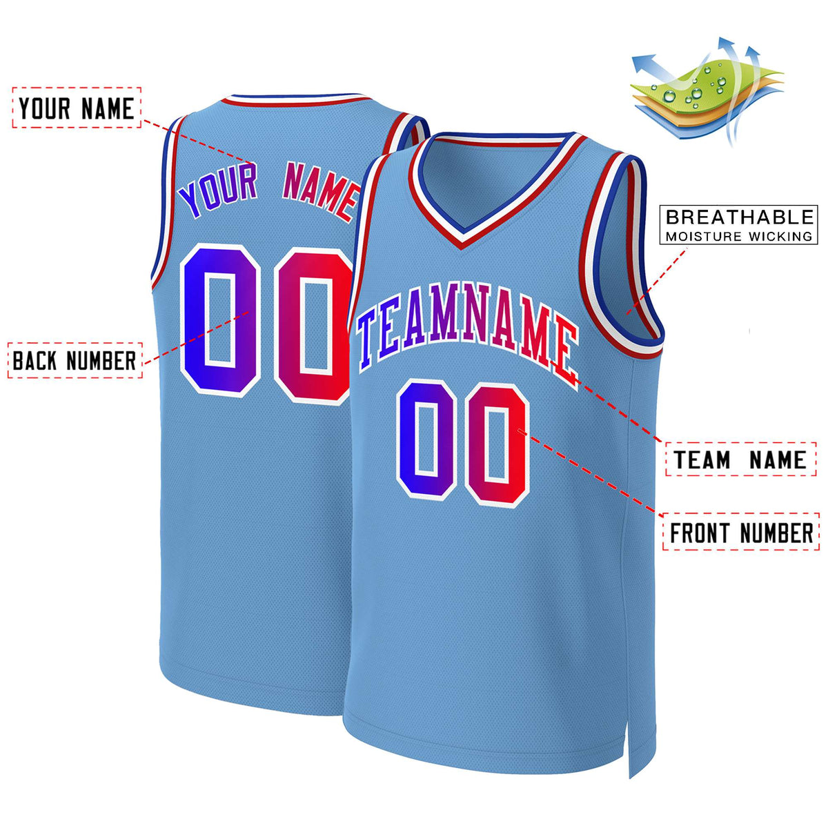 Custom Light Blue Blue-White Classic Gradient Fashion Tops Basketball Jersey