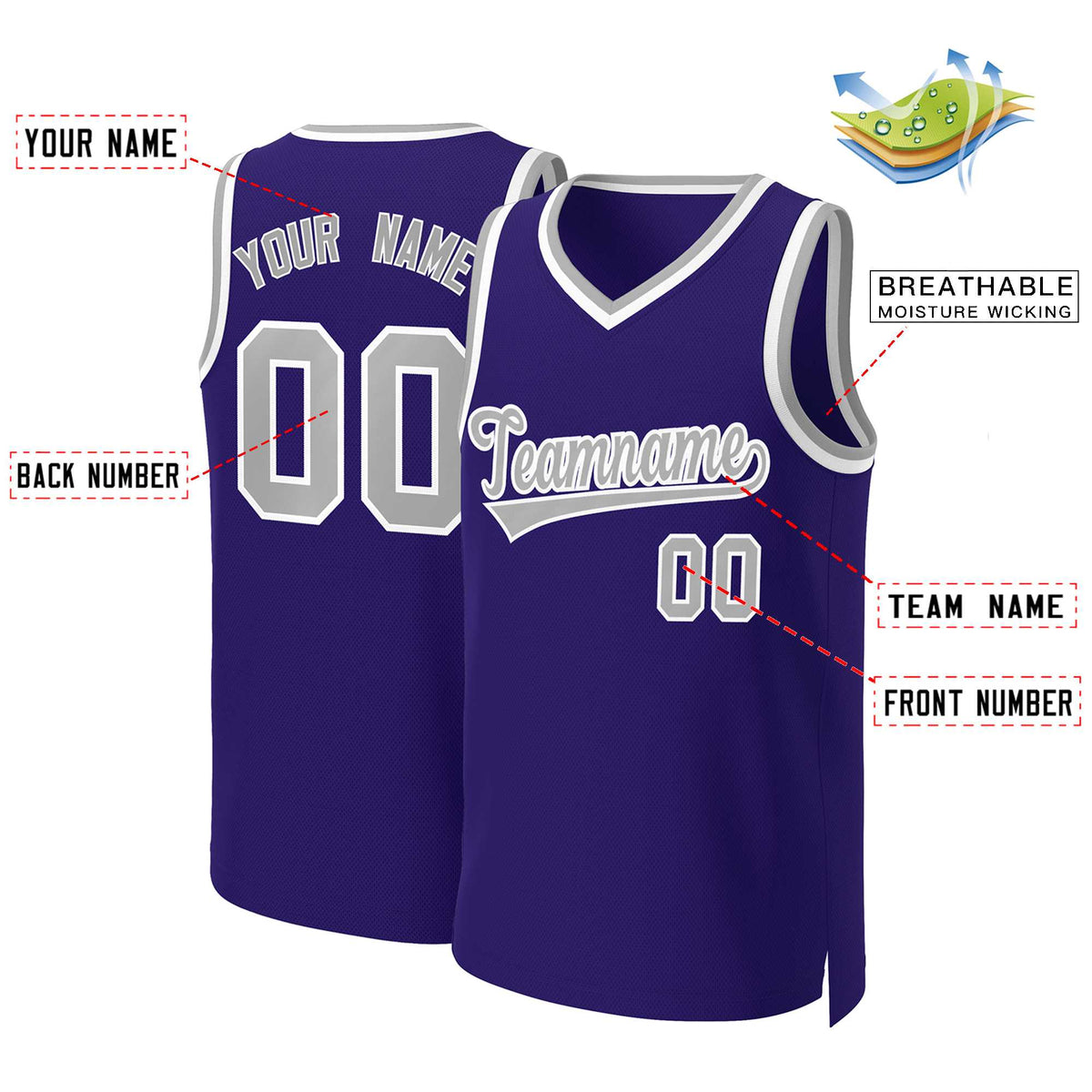 Custom Purple Gray-White Classic Tops Basketball Jersey