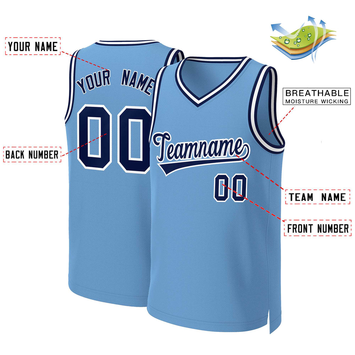 Custom Light Blue Navy-White Classic Tops Basketball Jersey