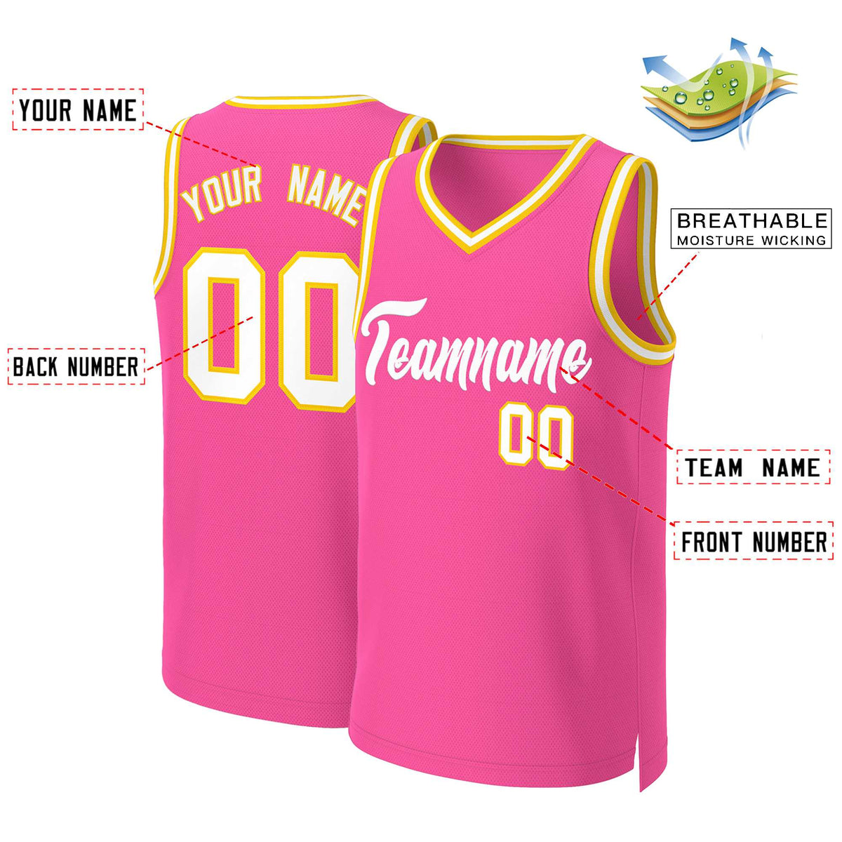 Custom Pink White Classic Tops Basketball Jersey