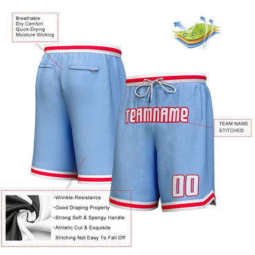 Custom Light Blue White-Red Personalized Basketball Shorts
