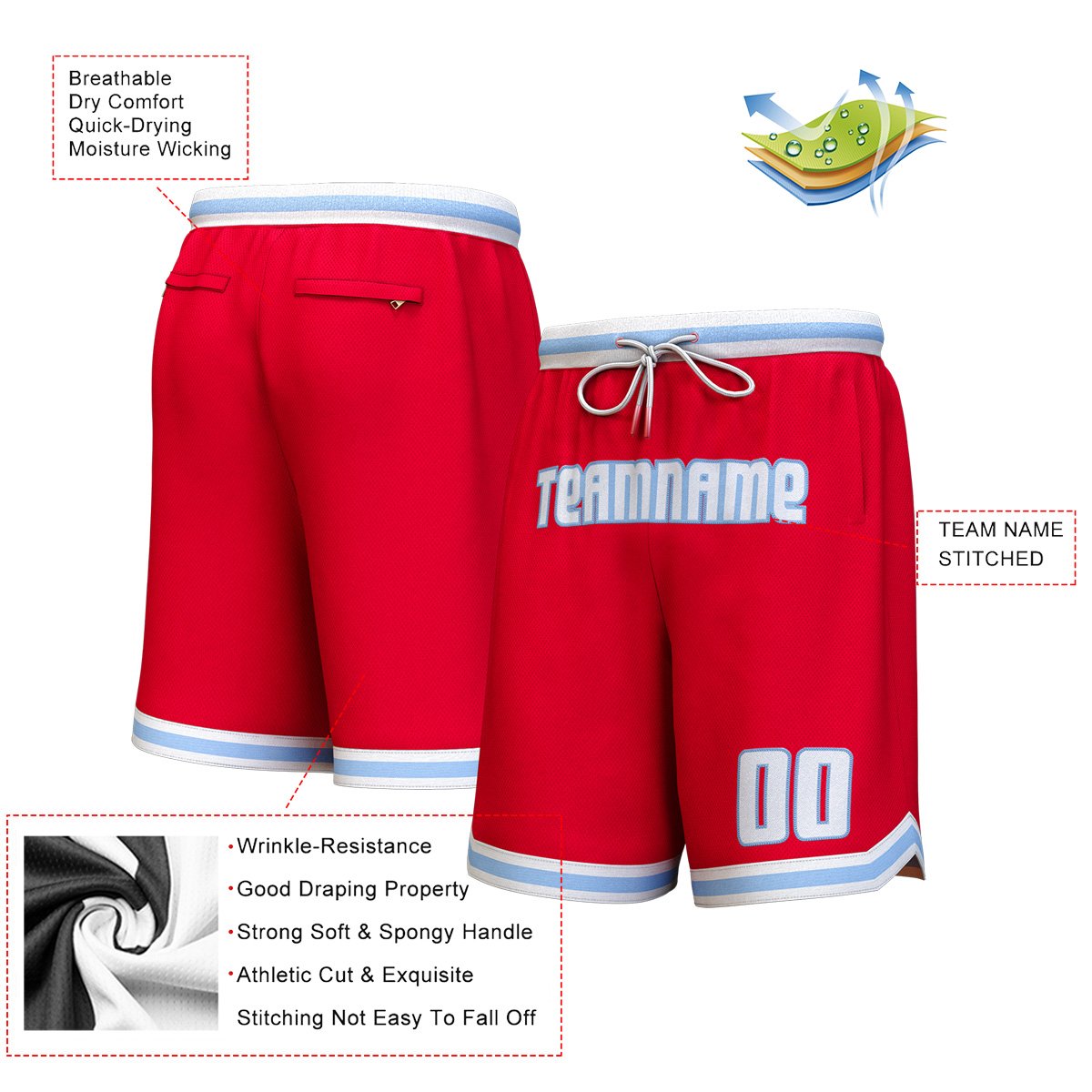 Custom Red White-Light Blue Personalized Basketball Shorts