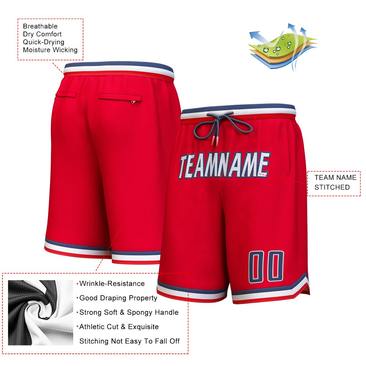 Custom Red White-Navy Personalized Basketball Shorts