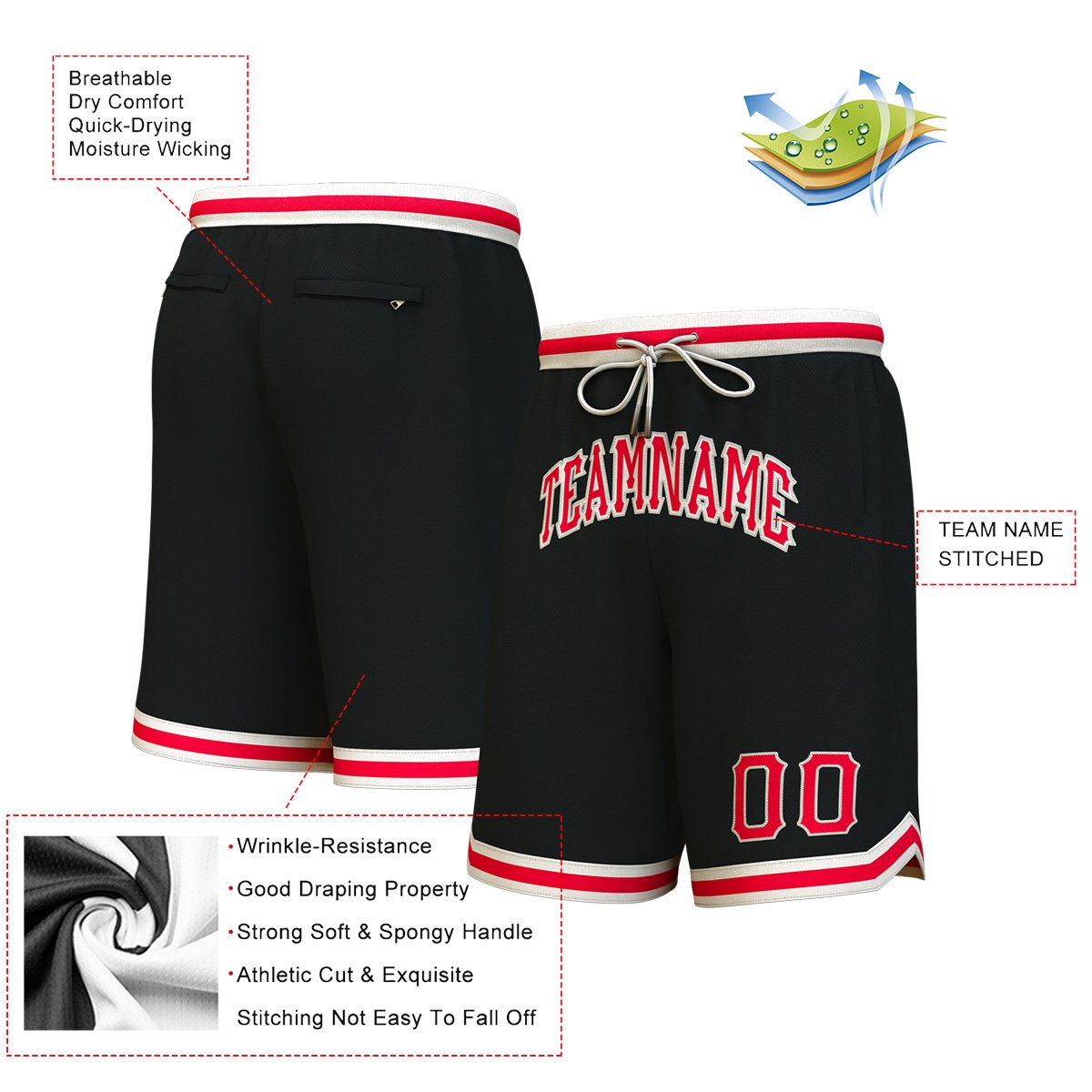 Custom Black Red-Cream Personalized Basketball Shorts