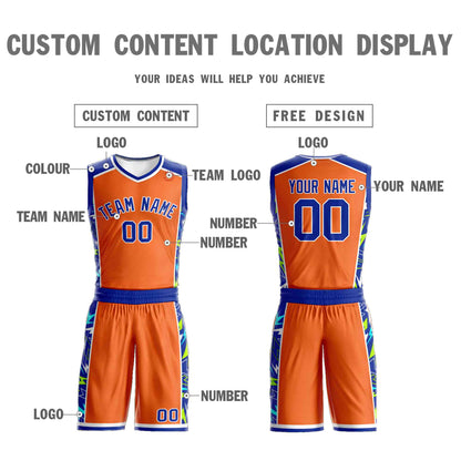 Custom Orange Royal-White Graffiti Pattern Sets Lightning Basketball Jersey