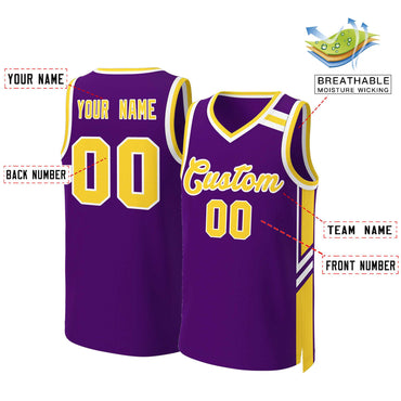 Custom Purple Gold White Classic Tops Mesh Basketball Jersey