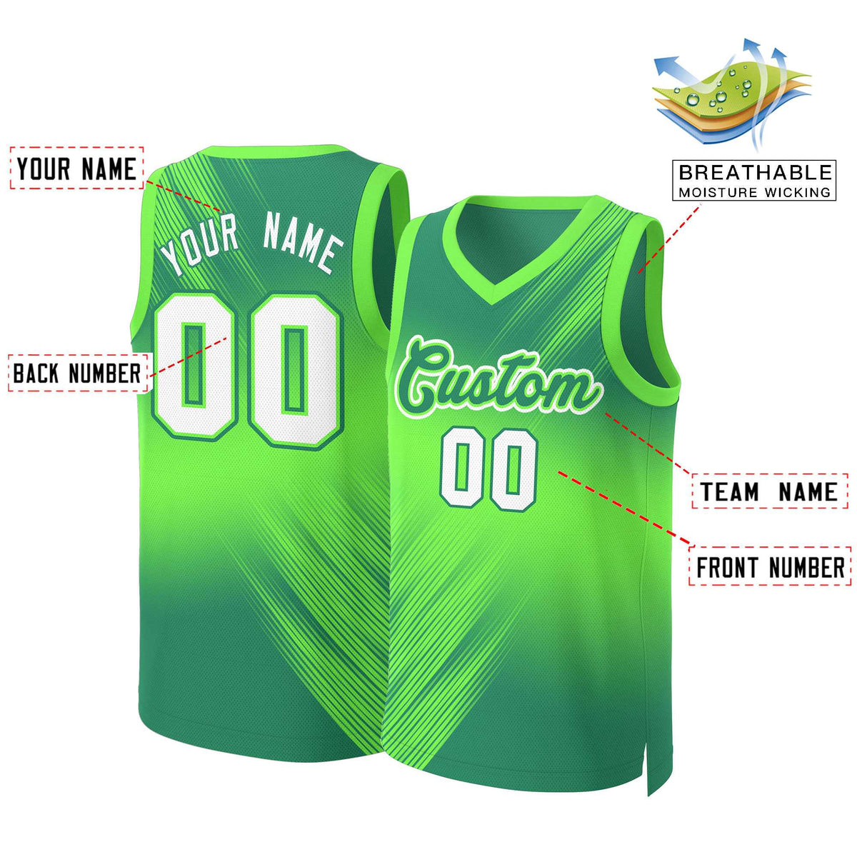 Custom Green White-Green Gradient Fashion Tops Slash Basketball Jersey