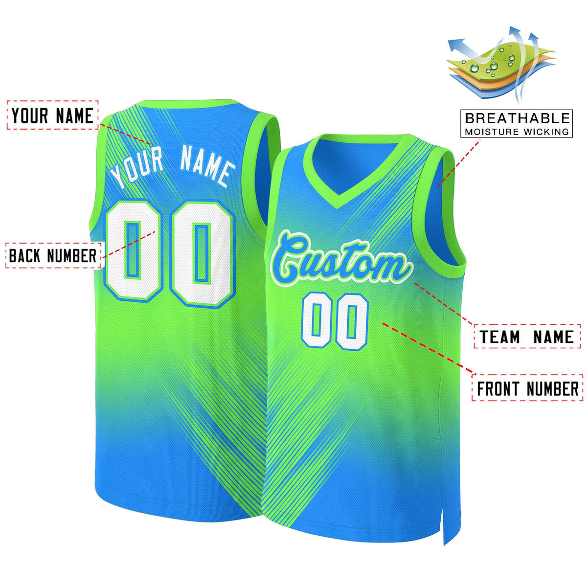 Custom Green Blue-Green Gradient Fashion Tops Slash Basketball Jersey