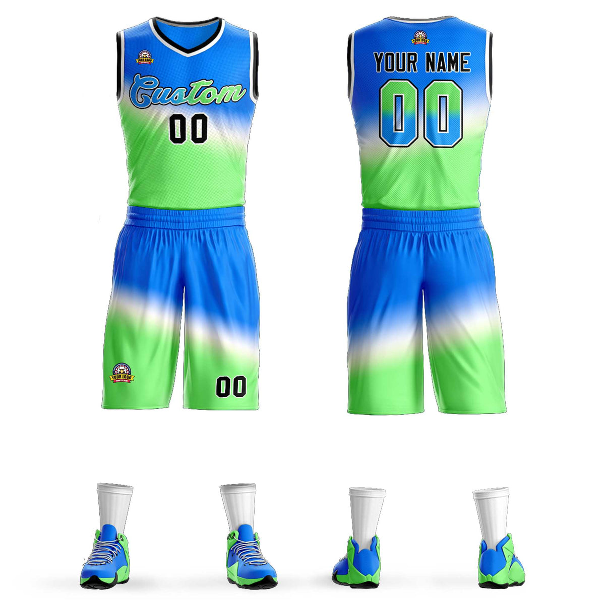 Custom Blue Green-Blue Gradient Fashion Sets Slash Basketball Jersey