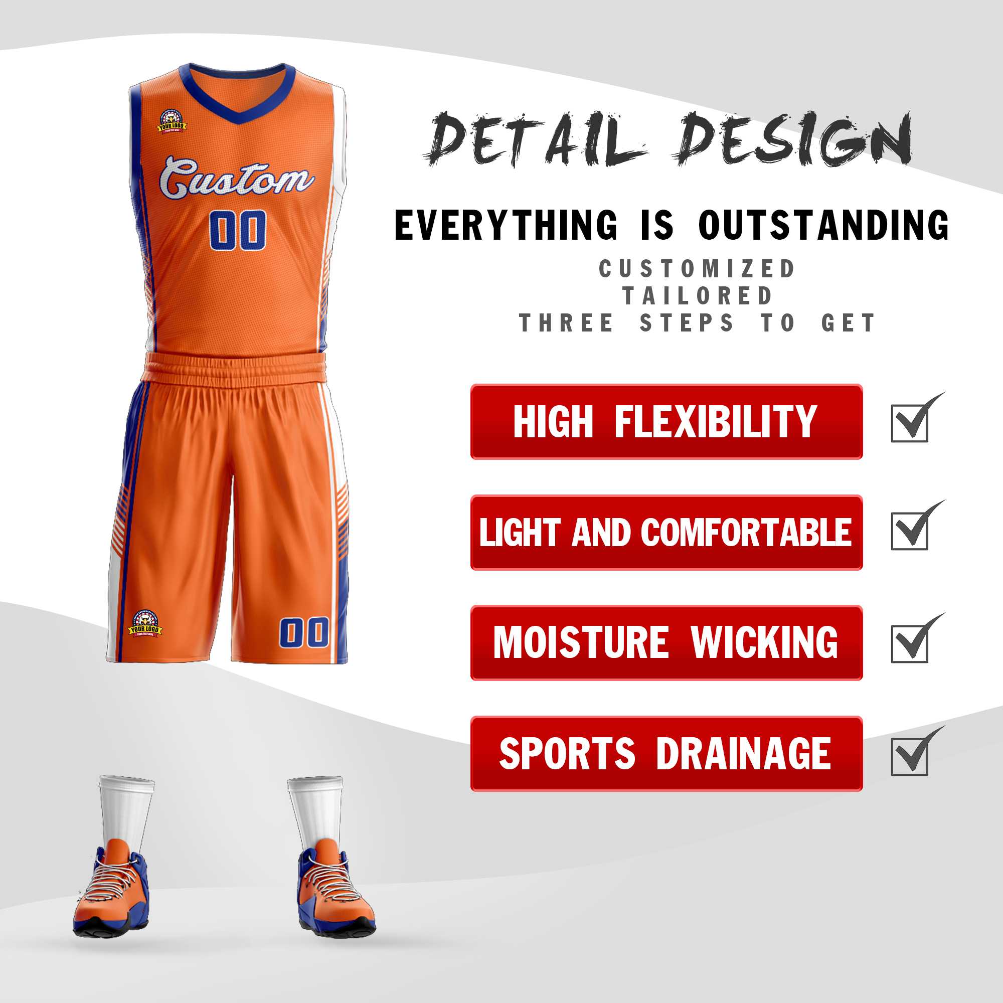 Custom Orange Royal-White Classic Sets Sports Uniform Basketball Jersey