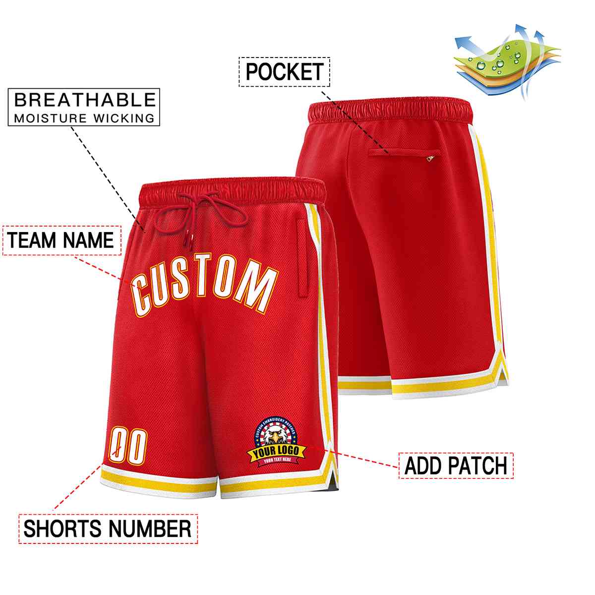 Custom Red White-Gold Classic Style Basketball Mesh Shorts