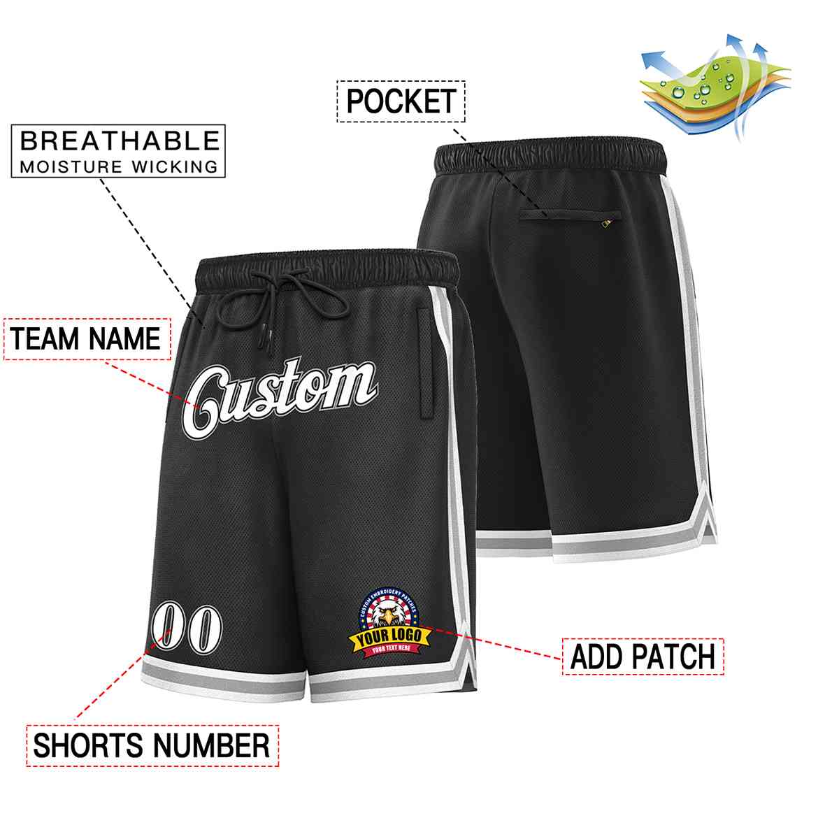 Custom Black White-Gray Classic Style Basketball Mesh Shorts