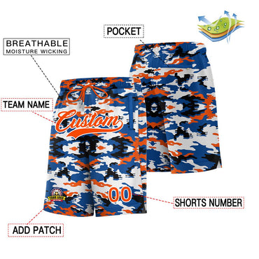 Custom Royal Orange White Camo Basketball Shorts