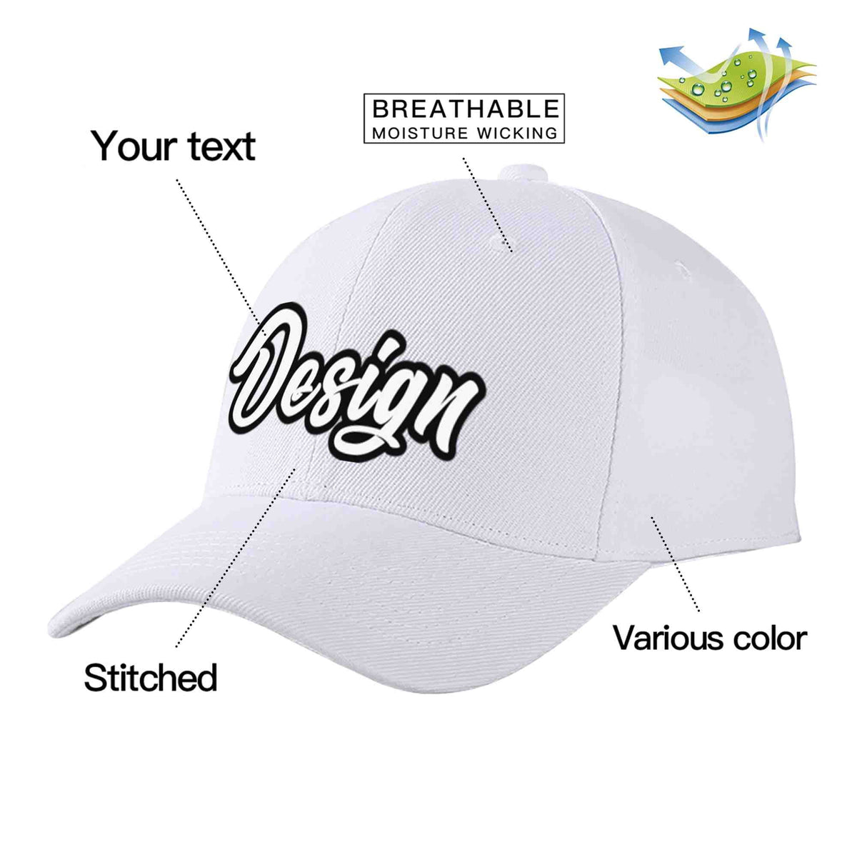 Custom White White-Black Curved Eaves Sport Design Baseball Cap