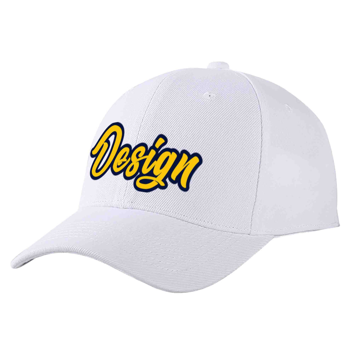 Custom White Yellow-Navy Curved Eaves Sport Design Baseball Cap