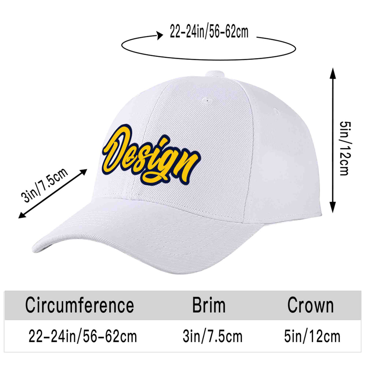 Custom White Yellow-Navy Curved Eaves Sport Design Baseball Cap