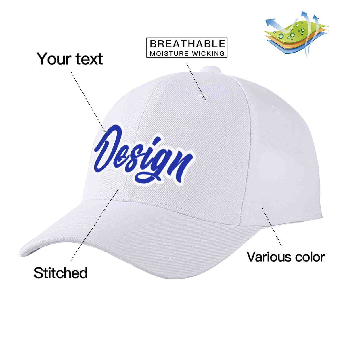 Custom White Royal-White Curved Eaves Sport Design Baseball Cap