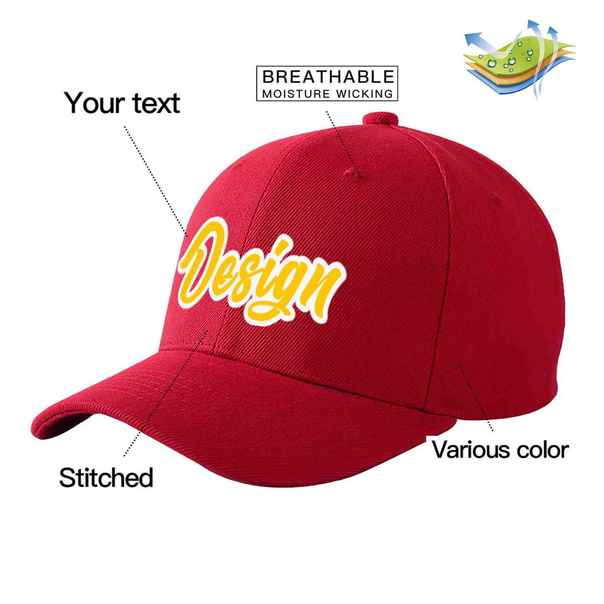 Custom Red Gold-White Curved Eaves Sport Design Baseball Cap