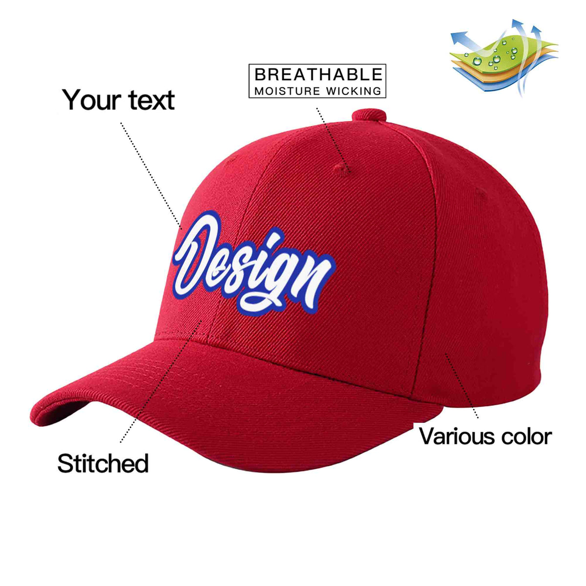 Custom Red White-Royal Curved Eaves Sport Design Baseball Cap