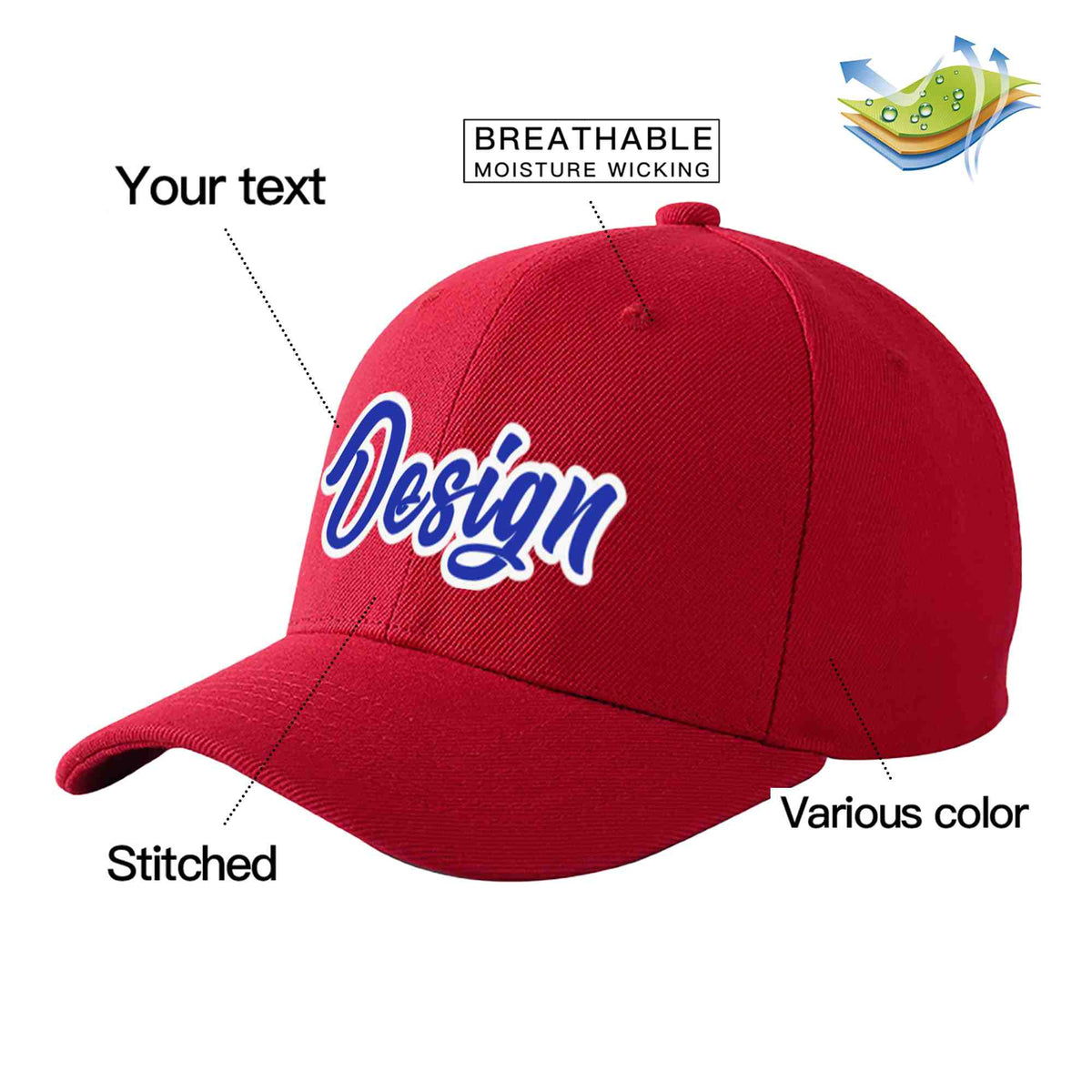 Custom Red Royal-White Curved Eaves Sport Design Baseball Cap