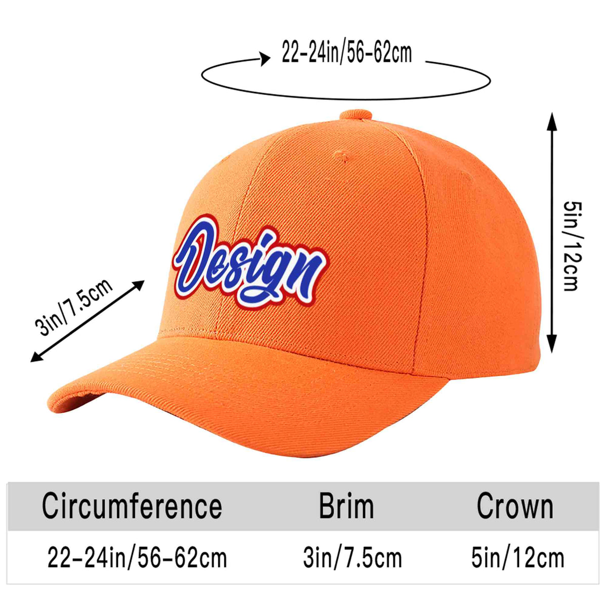 Custom Orange Royal-White Curved Eaves Sport Design Baseball Cap