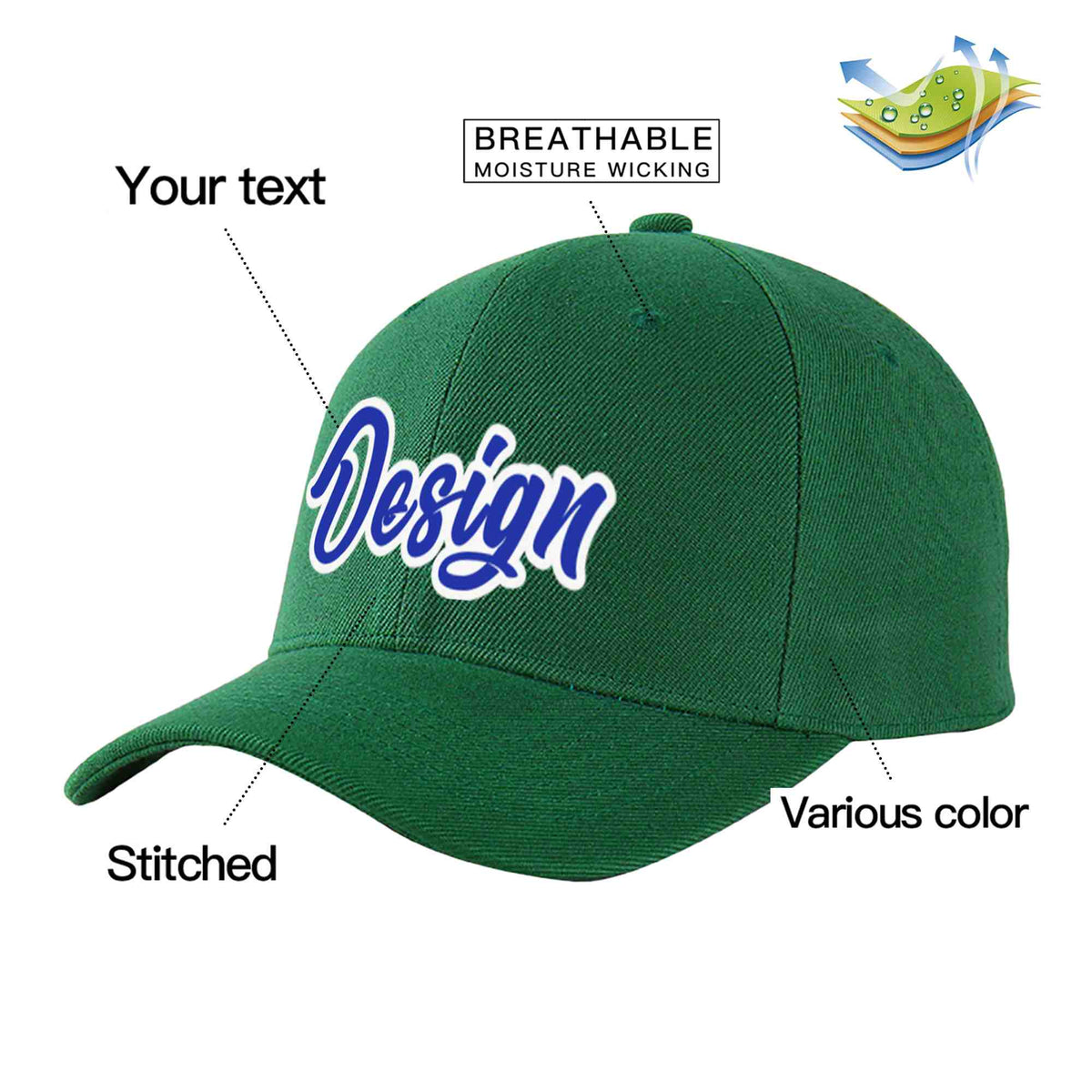 Custom Green Royal-White Curved Eaves Sport Design Baseball Cap