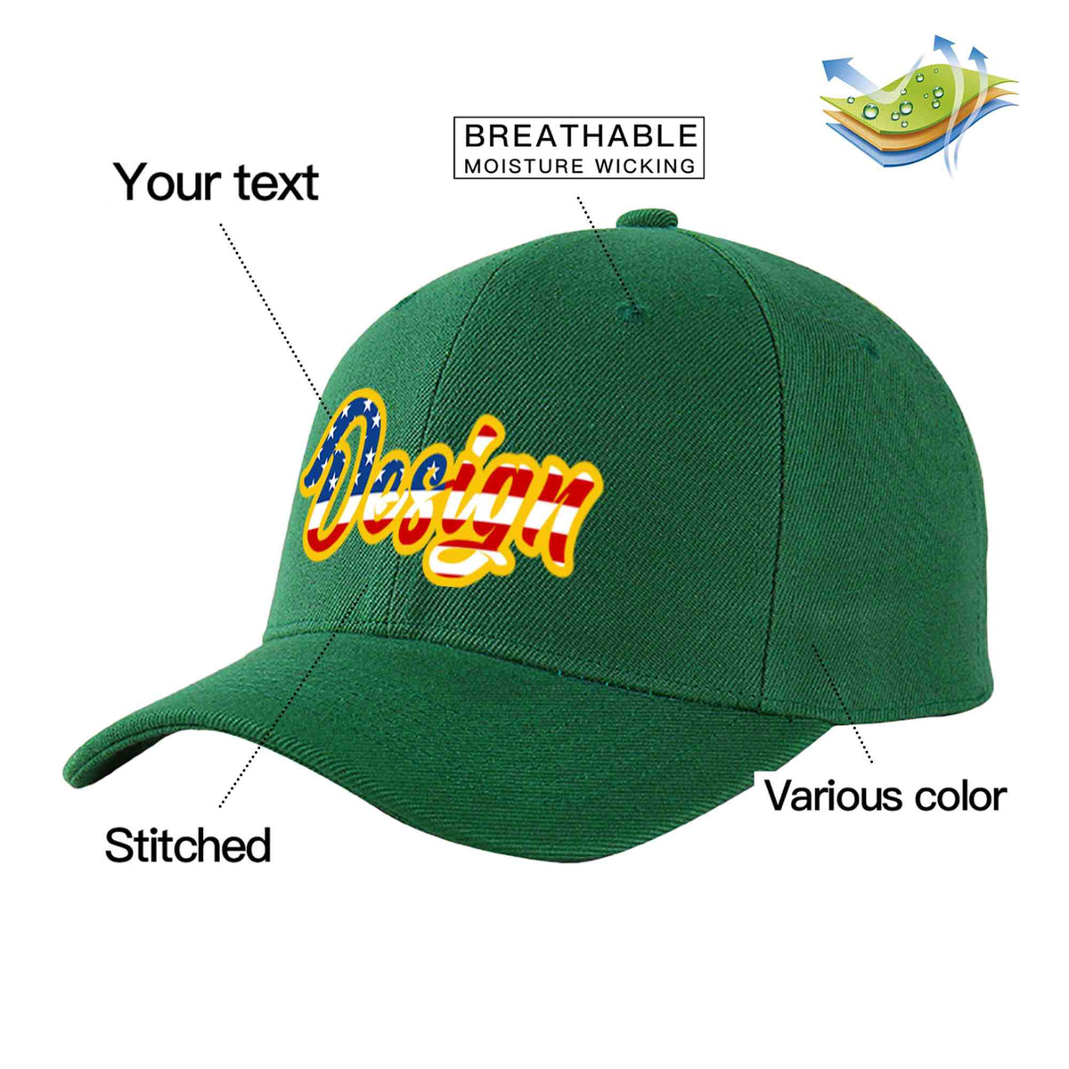 Custom Green Vintage USA Flag-Gold Curved Eaves Sport Design Baseball Cap