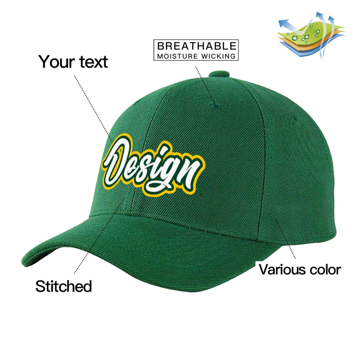 Custom Green White-Kelly Green Curved Eaves Sport Design Baseball Cap