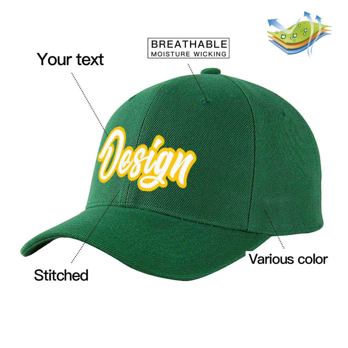 Custom Green White-Gold Curved Eaves Sport Design Baseball Cap