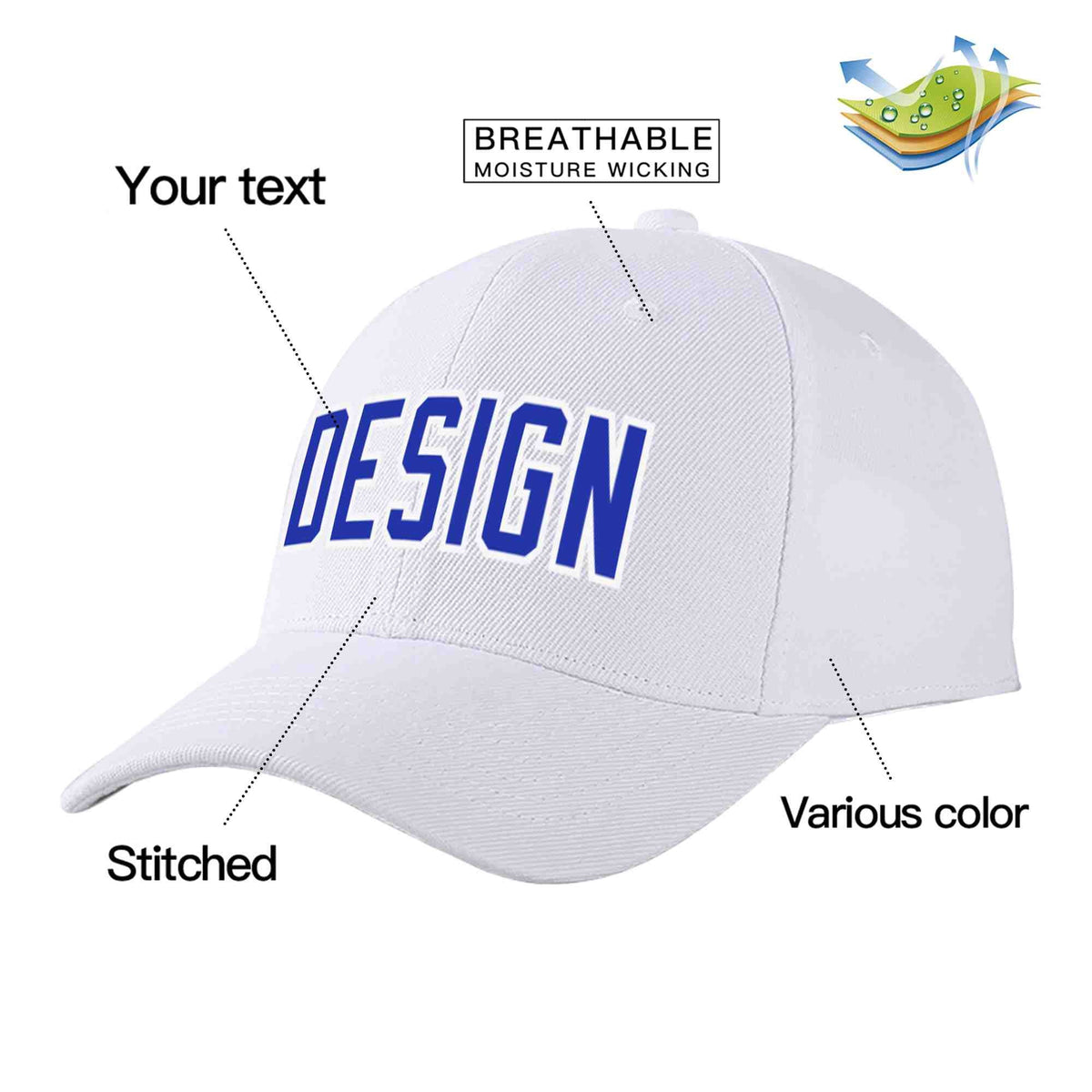 Custom White Royal-White Curved Eaves Sport Design Baseball Cap