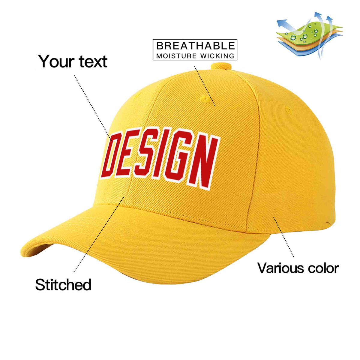 Custom Gold Red-White Curved Eaves Sport Design Baseball Cap
