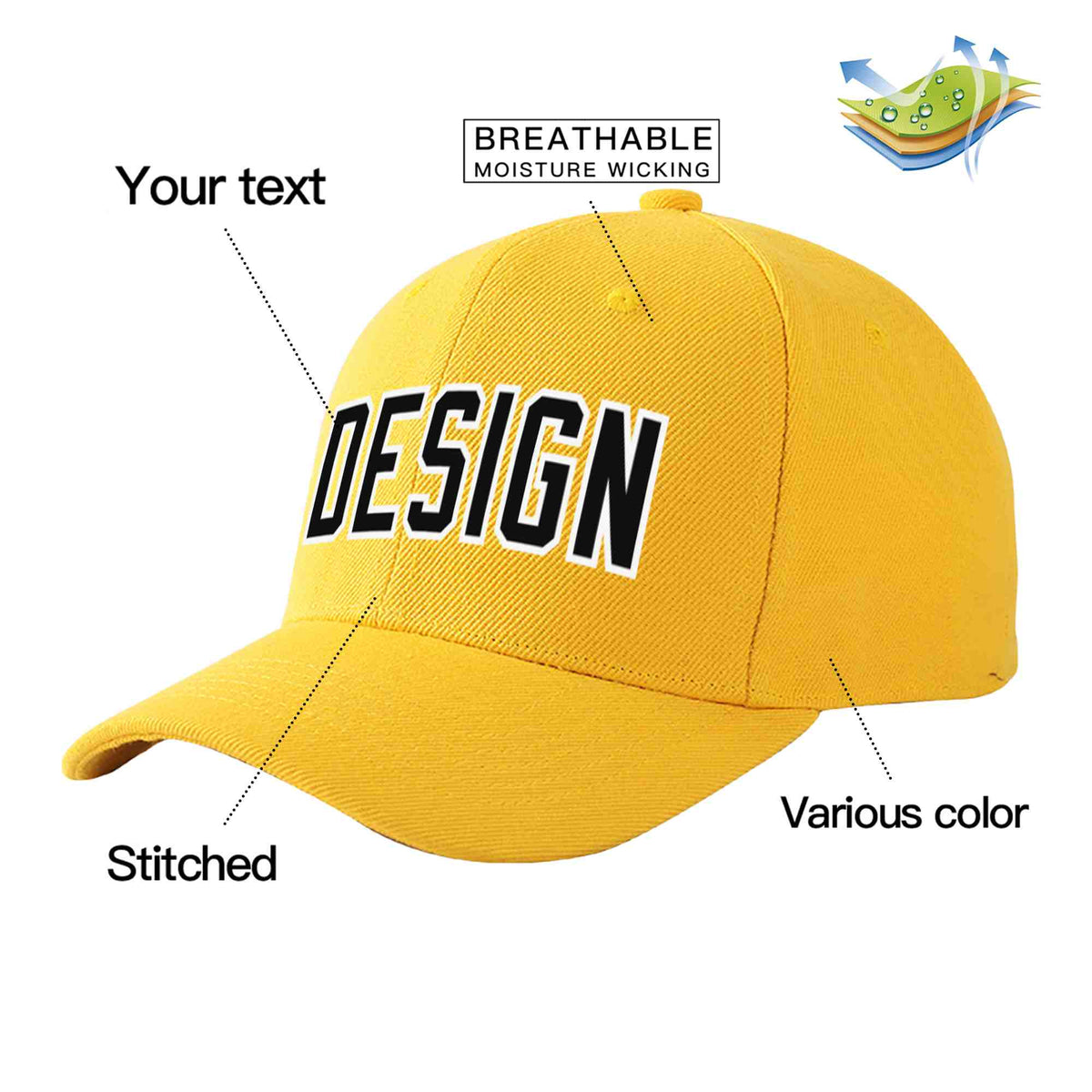 Custom Gold Black-White Curved Eaves Sport Design Baseball Cap