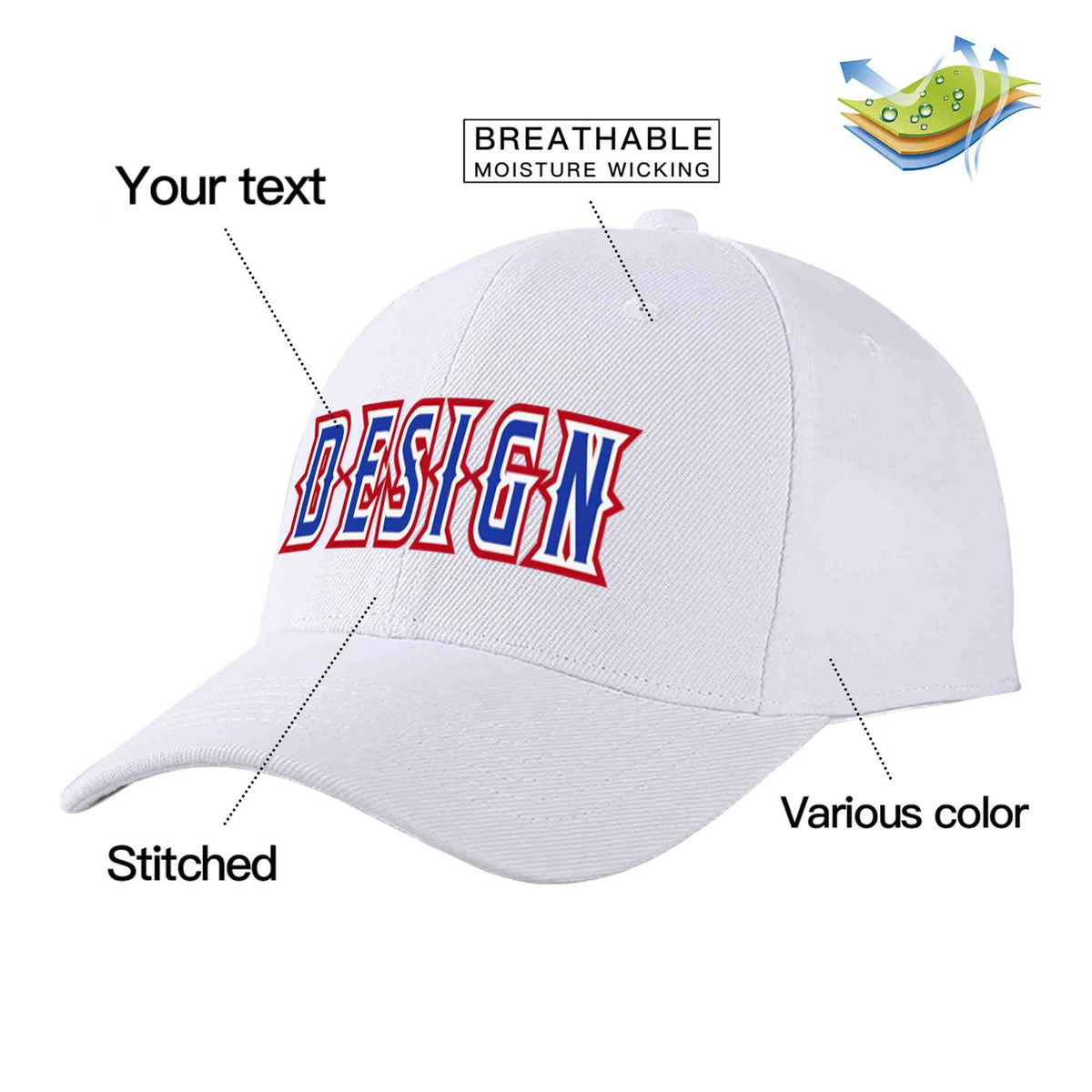 Custom White Royal-White Curved Eaves Sport Design Baseball Cap