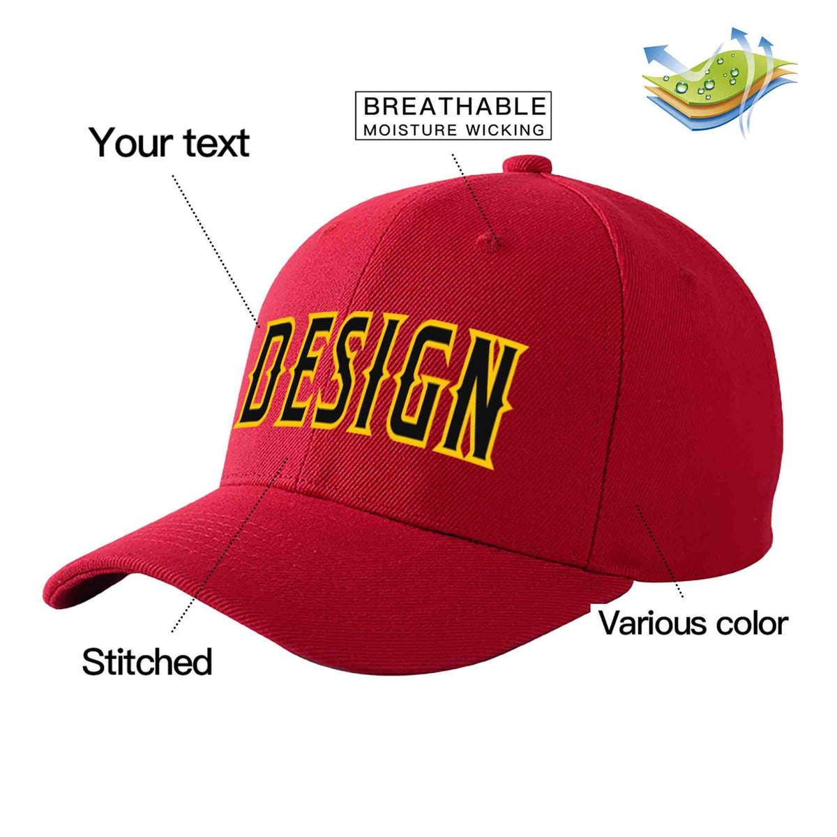 Custom Red Black-Gold Curved Eaves Sport Design Baseball Cap