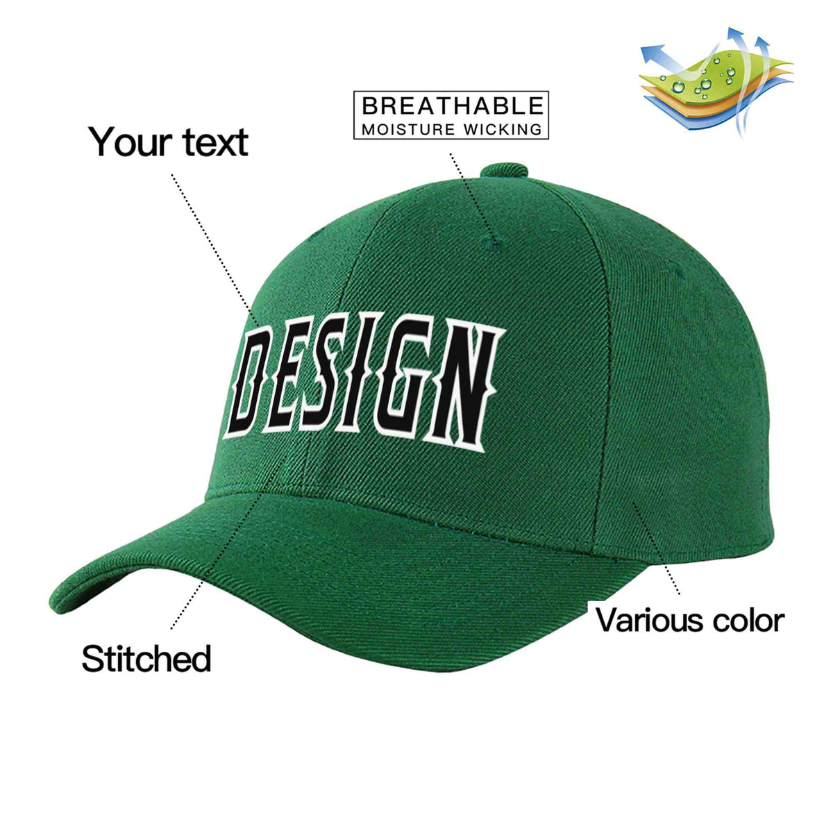 Custom Green Black-White Curved Eaves Sport Design Baseball Cap