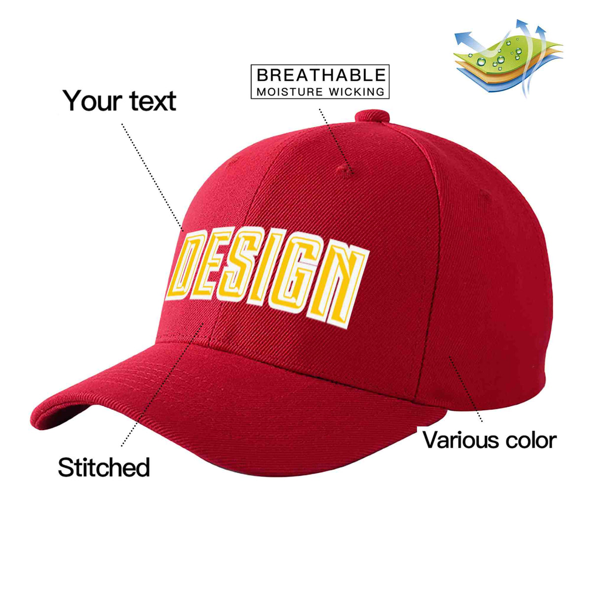 Custom Red Gold-White Curved Eaves Sport Design Baseball Cap