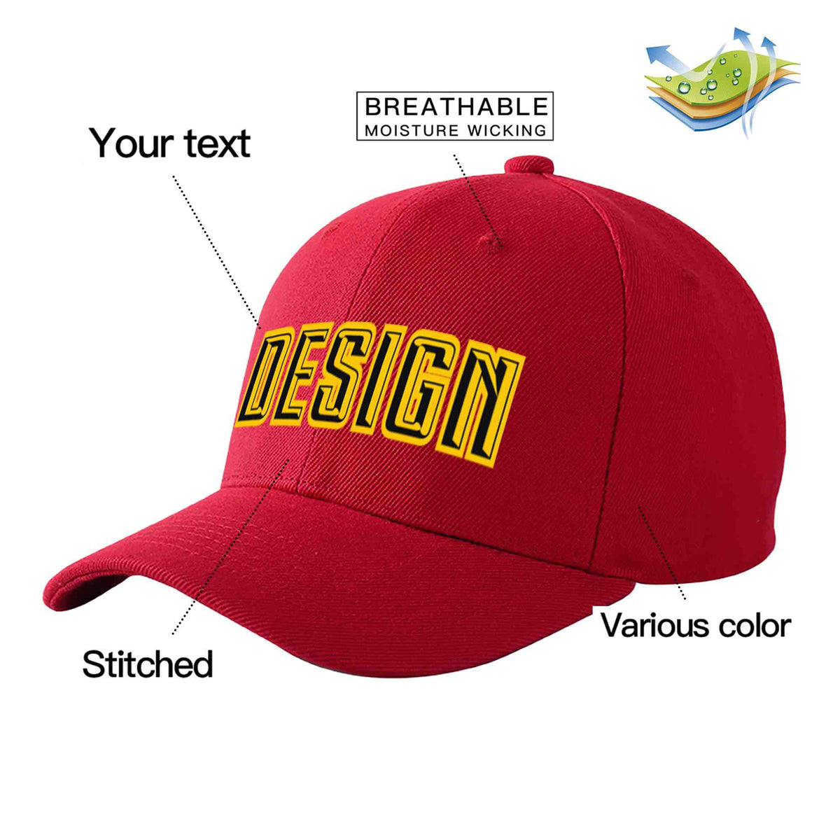 Custom Red Black-Gold Curved Eaves Sport Design Baseball Cap