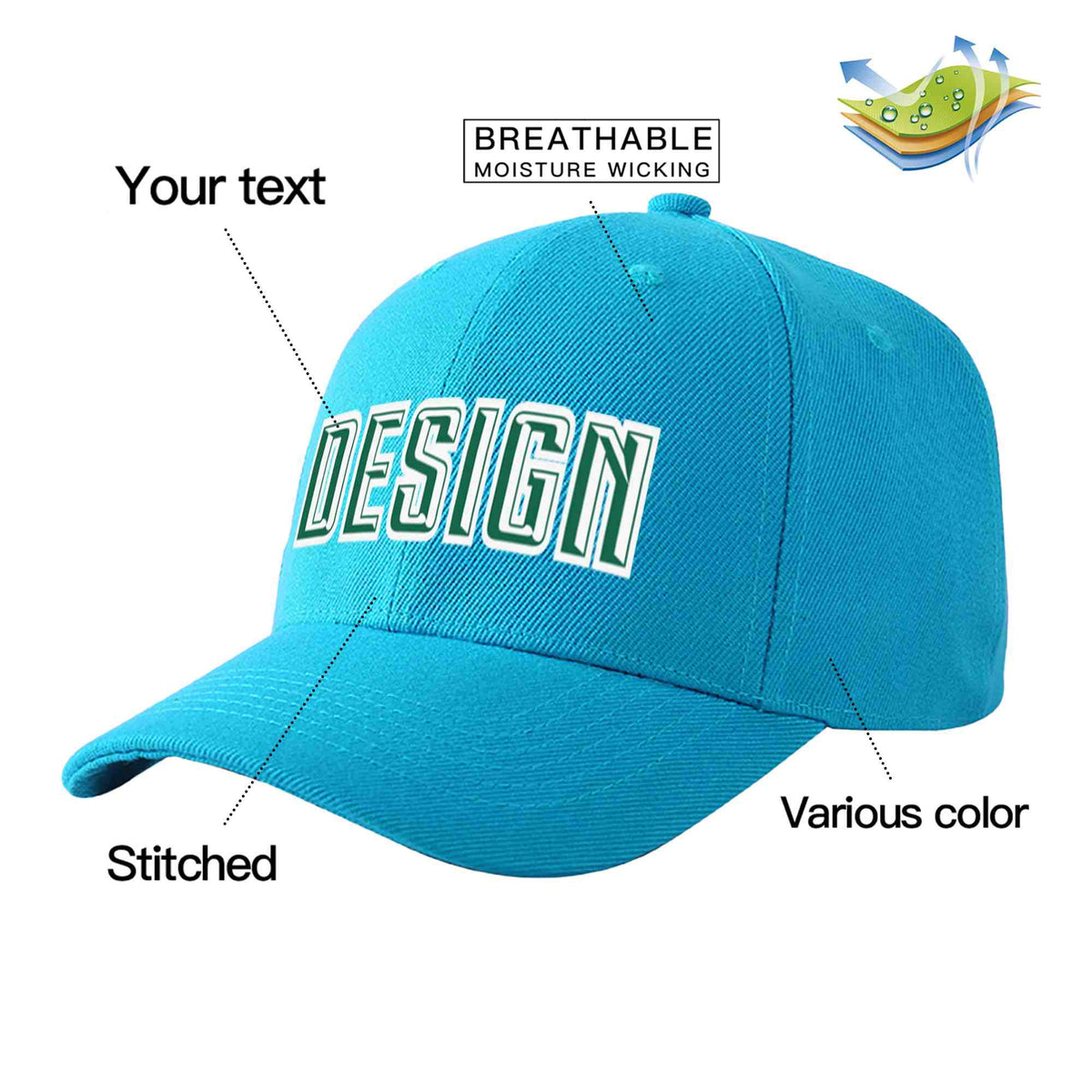 Custom Aqua Kelly Green-White Curved Eaves Sport Design Baseball Cap