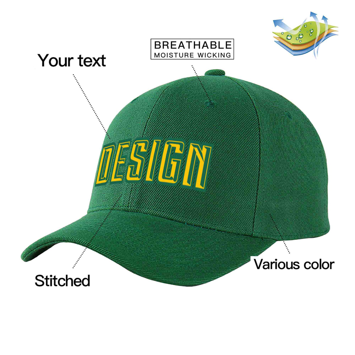 Custom Green Gold-Kelly Green Curved Eaves Sport Design Baseball Cap