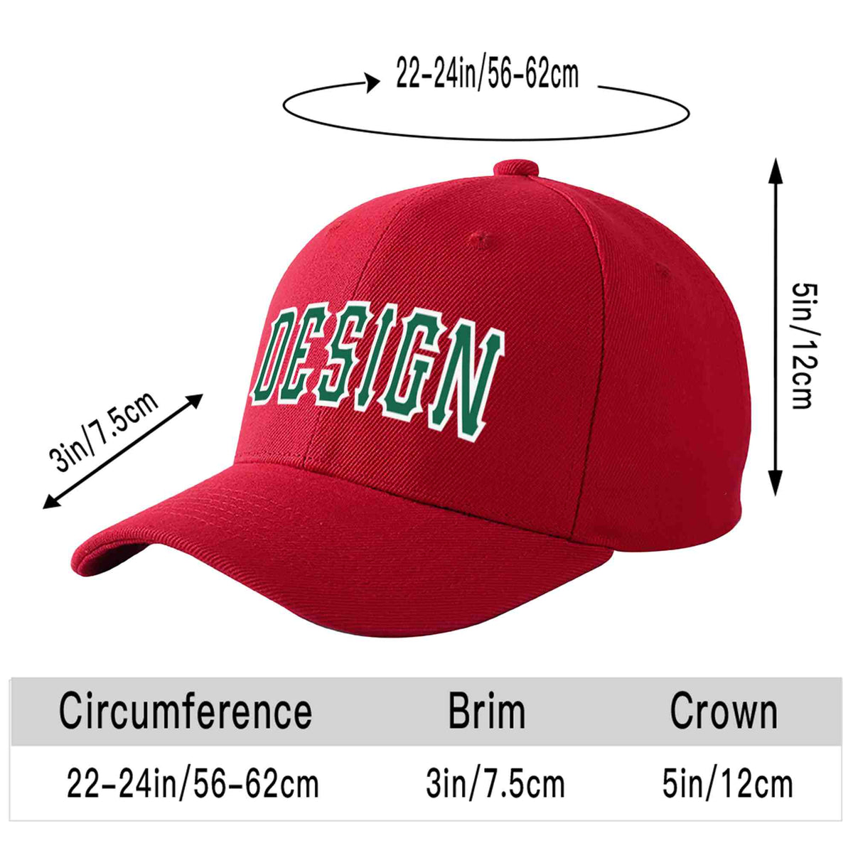 Custom Red Kelly Green-White Curved Eaves Sport Design Baseball Cap