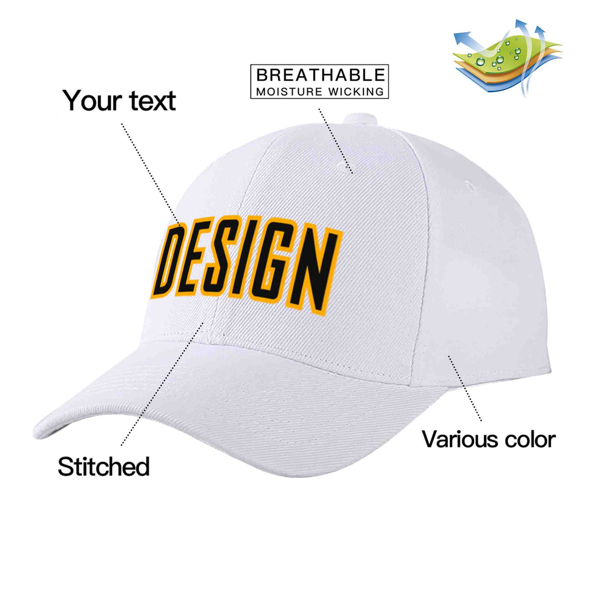 Custom White Black-Yellow Curved Eaves Sport Design Baseball Cap