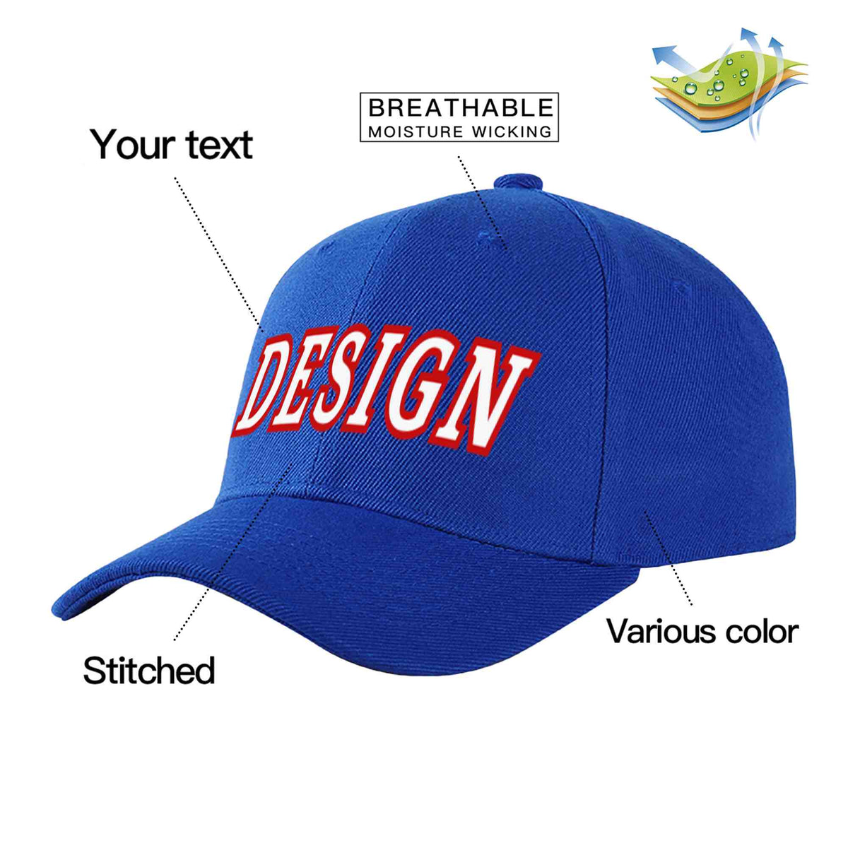 Custom Royal White-Red Curved Eaves Sport Design Baseball Cap
