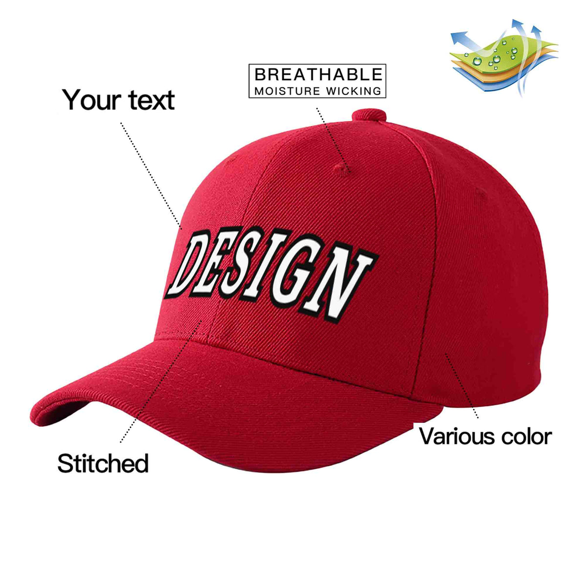 Custom Red White-Black Curved Eaves Sport Design Baseball Cap