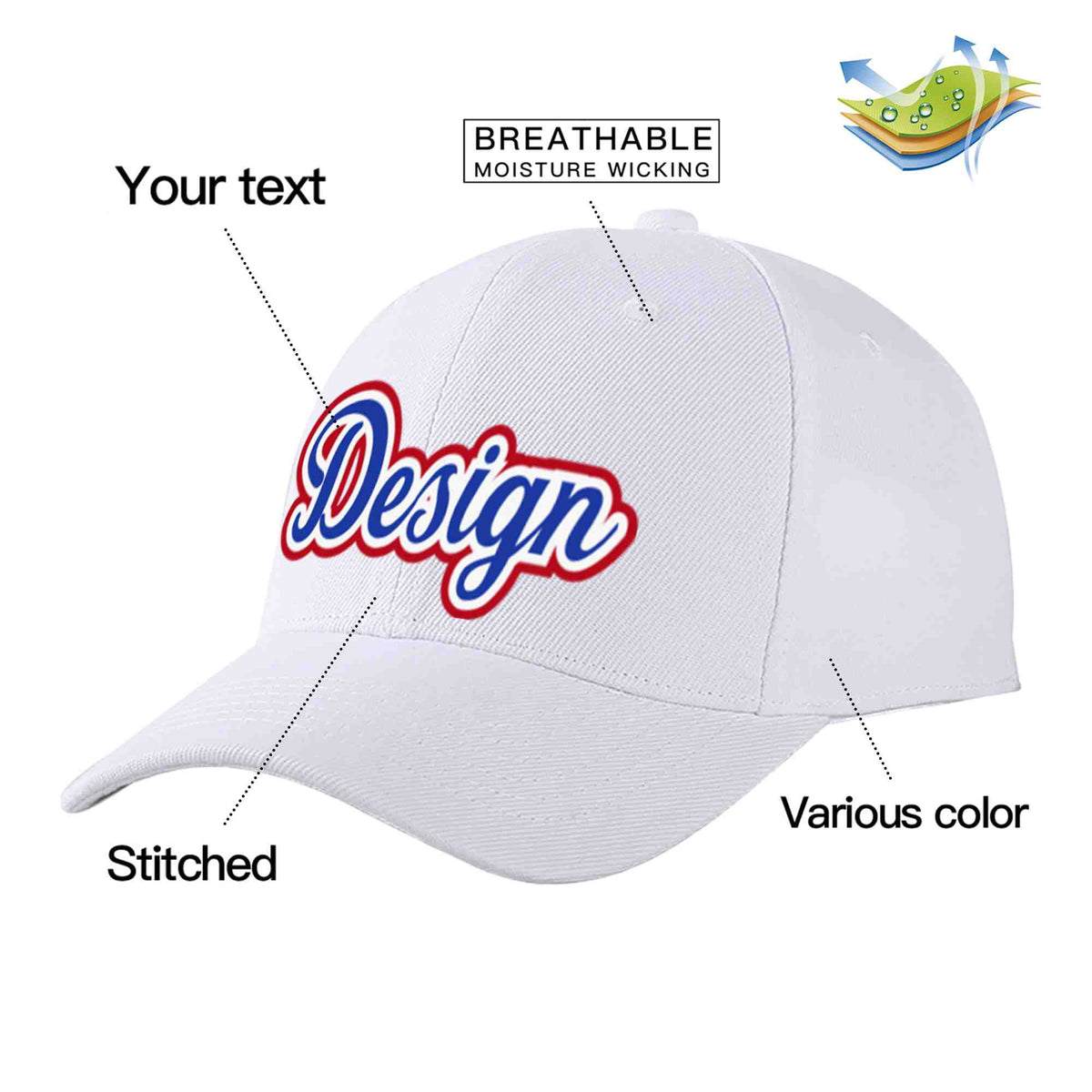 Custom White Royal-White Curved Eaves Sport Design Baseball Cap