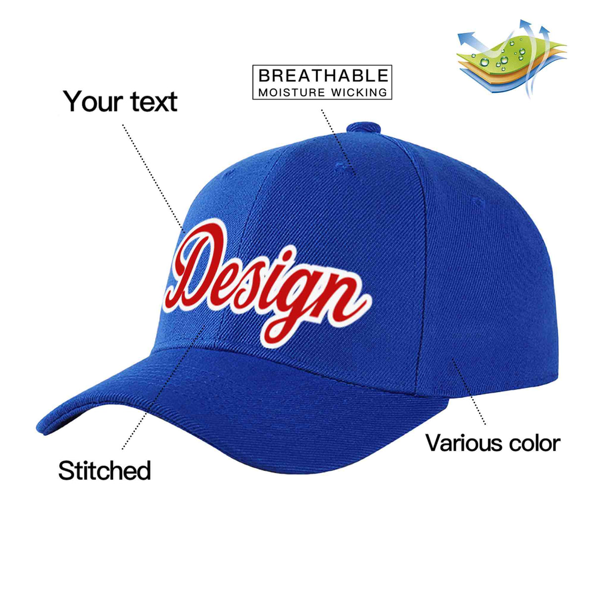 Custom Royal Red-White Curved Eaves Sport Design Baseball Cap