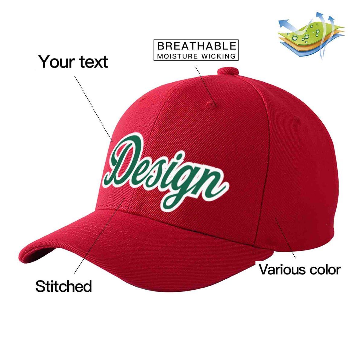 Custom Red Kelly Green-White Curved Eaves Sport Design Baseball Cap