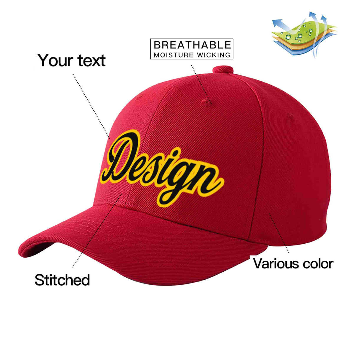 Custom Red Black-Gold Curved Eaves Sport Design Baseball Cap